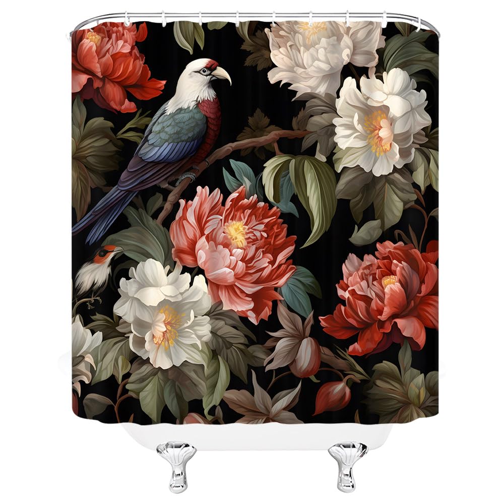 Black Boho Floral Shower Curtain Unique Colorful Mandala Beautiful Dark Flower Leaves Spring Bright Blossom Modern