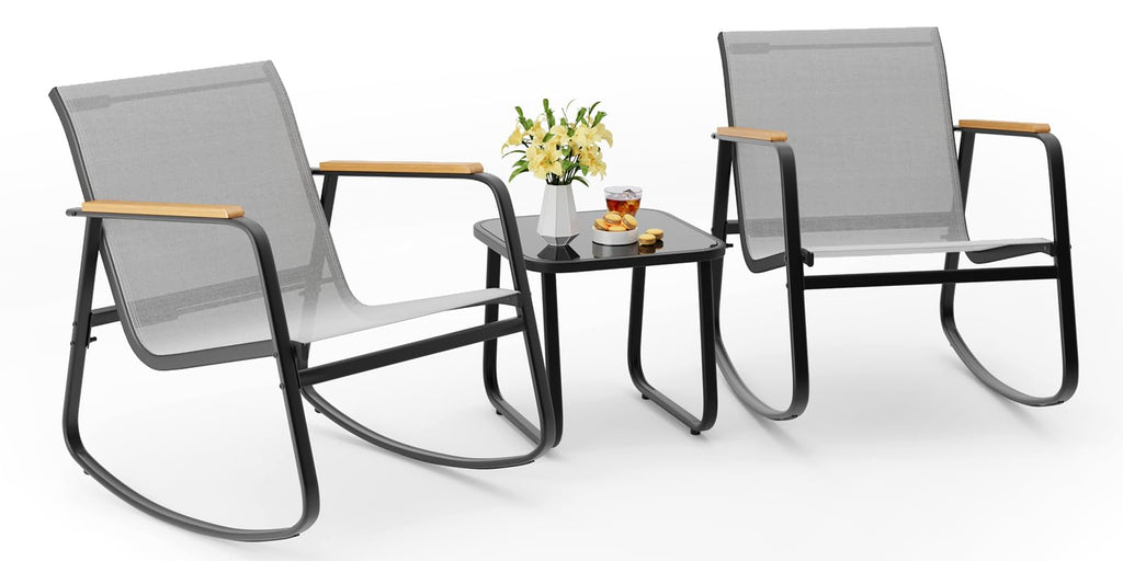 3 Piece Patio Bistro Set, Textilene Rocking Chairs for Porch, Gray