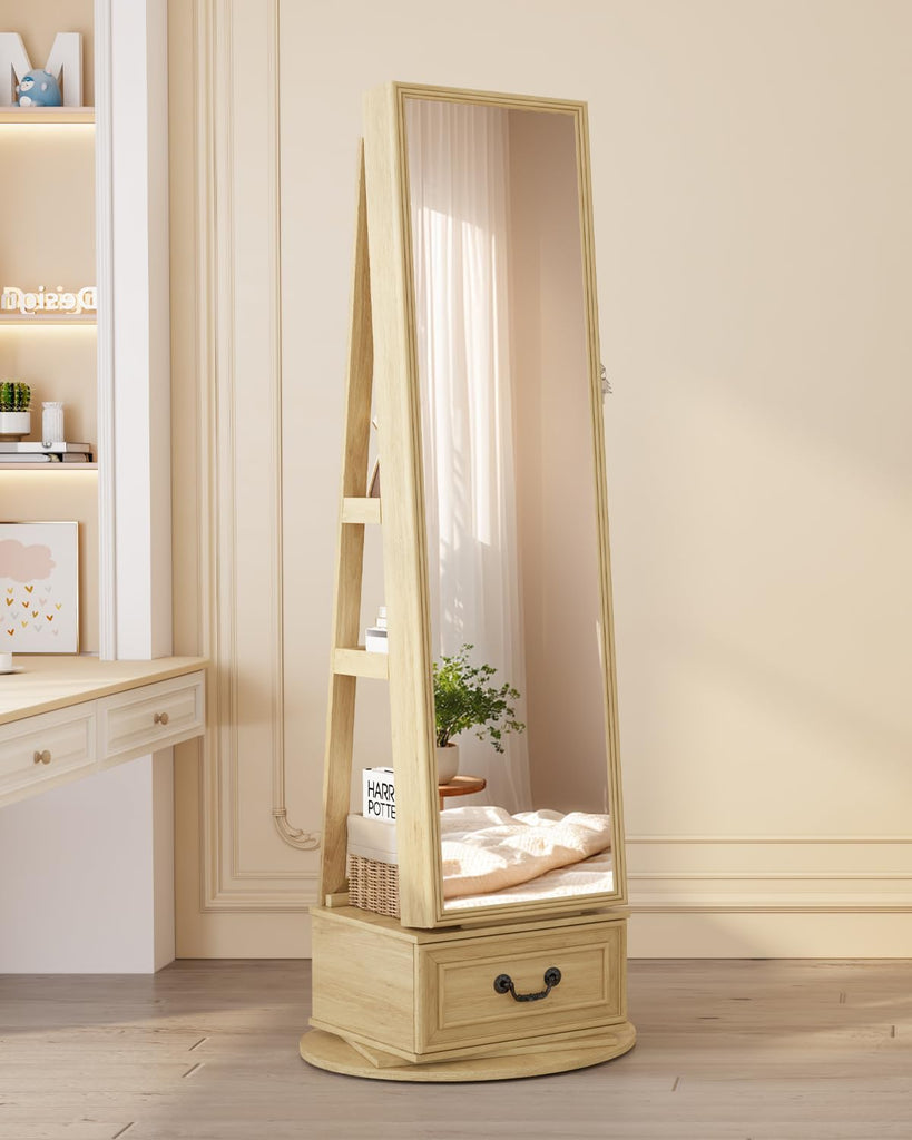 Mirror Jewelry Cabinet with Lights, Full Length Mirror and Storage