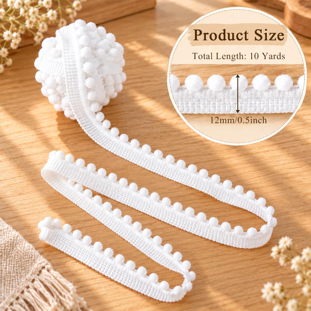 Pom Pom Trim Ribbon, 10 Yards White Pom Ball Fringe Trim for Sewing DIY