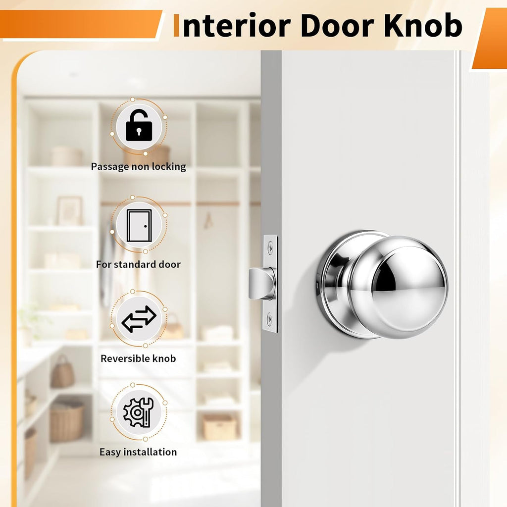 Polished Chrome Passage Door Knobs, Interior Door Lock Closet, Keyless Round Ball Knob Handle, No Locking, 5 Pack