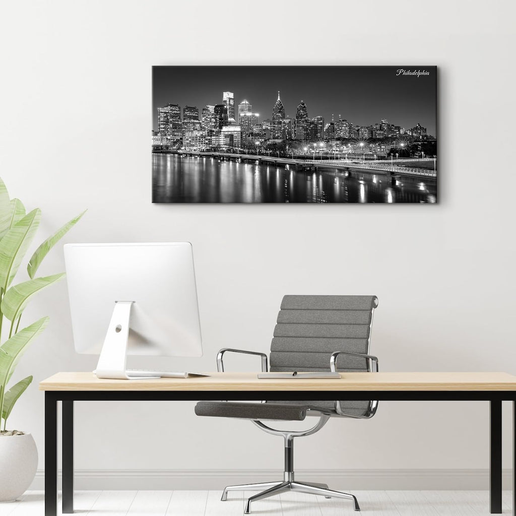 Philadelphia Skyline Wall Black and White Cityscape Canvas Pictures Philly City Night View Prints Posters Modern