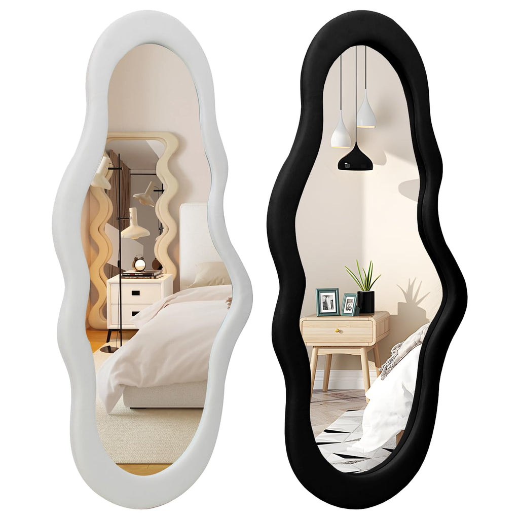 White Cloud Shaped Wall Mirror 44x21 Inch - Fabric Wrapped Irregular Asymmetrical Mirror Bedroom Bathroom Entryway