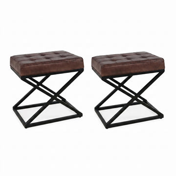 Global Archive Mid-Century Modern Genuine Leather Ottoman Pre-Assembled, 20''W x 14''D x 18.5''H, Dark Sienna, Set of 2