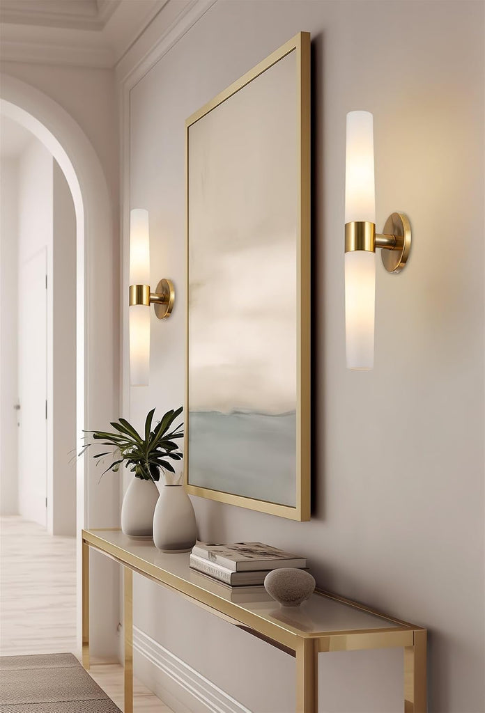 Duo 21" Modern Gold Wall Sconce with Frosted Glass Cylinder Shades, Linear 2-Light Gold Wall Light, Cool Brass Finish