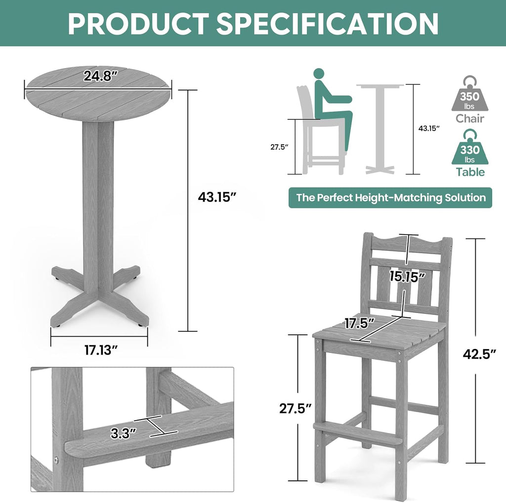 Outdoor Bar Stools Set of 4, HDPE Adirondack Bar Chairs with Backs, All-Weather High Top Patio Chairs, Heavy Duty