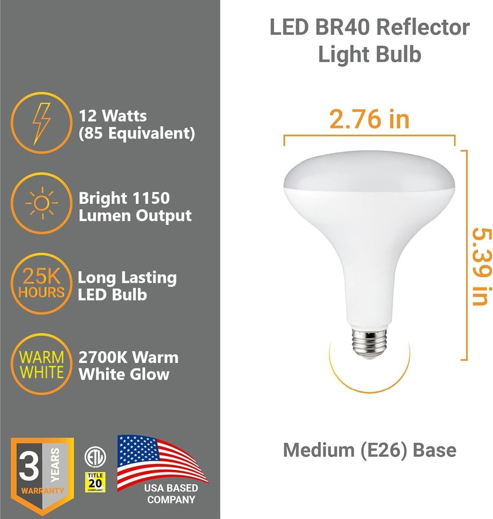 BR40 LED Light Bulb 13W (85W Equivalent) 1150 Lumens 2700K Warm White E26 Medium Base Dimmable Damp Rated Pack of 6
