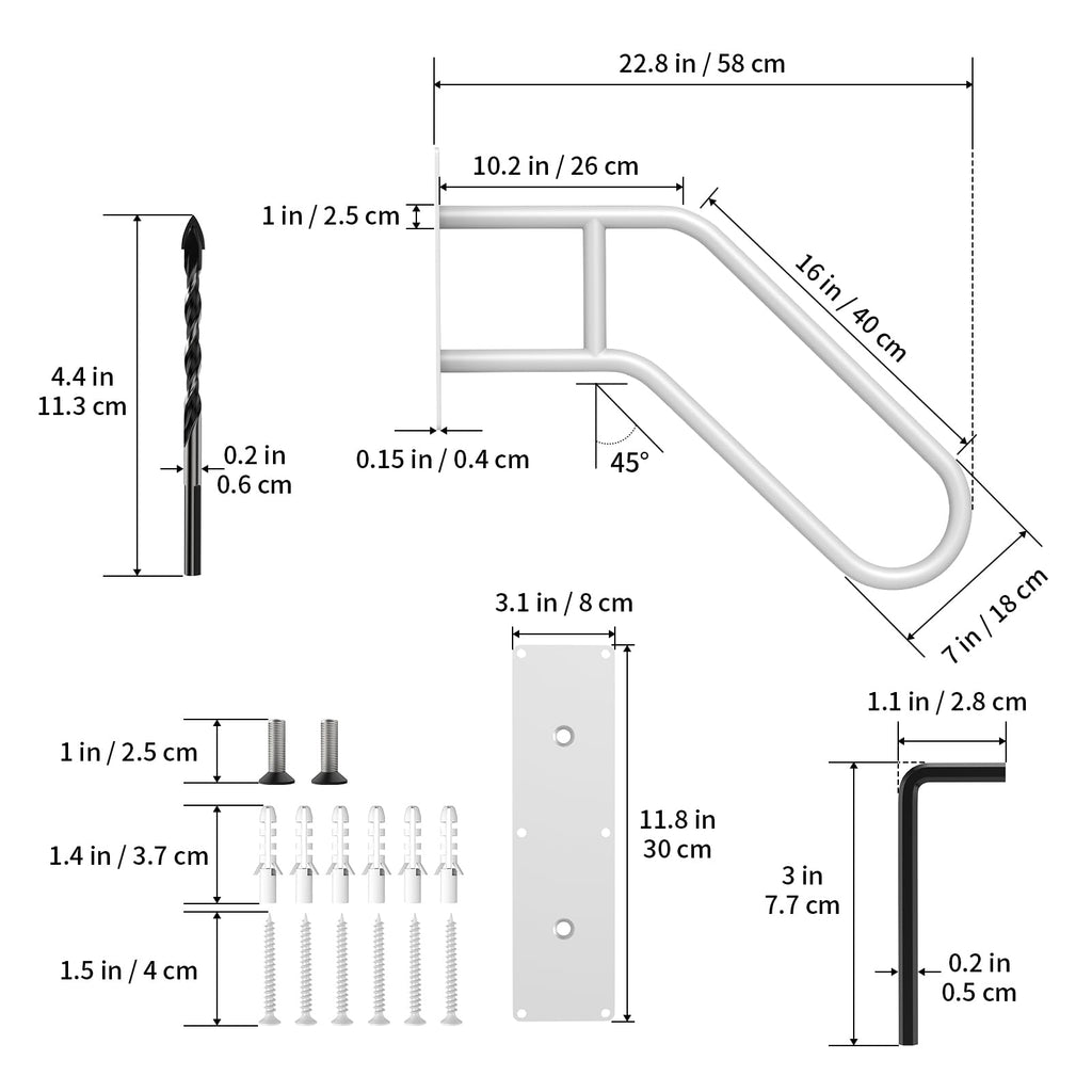 U-Shaped Outdoor Handrail, 2 Pack White Hand Railing 22.8 Inch