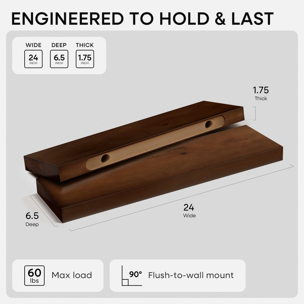 24 Inch Floating Shelves, High-End Solid Pine Wood, Set of 2
