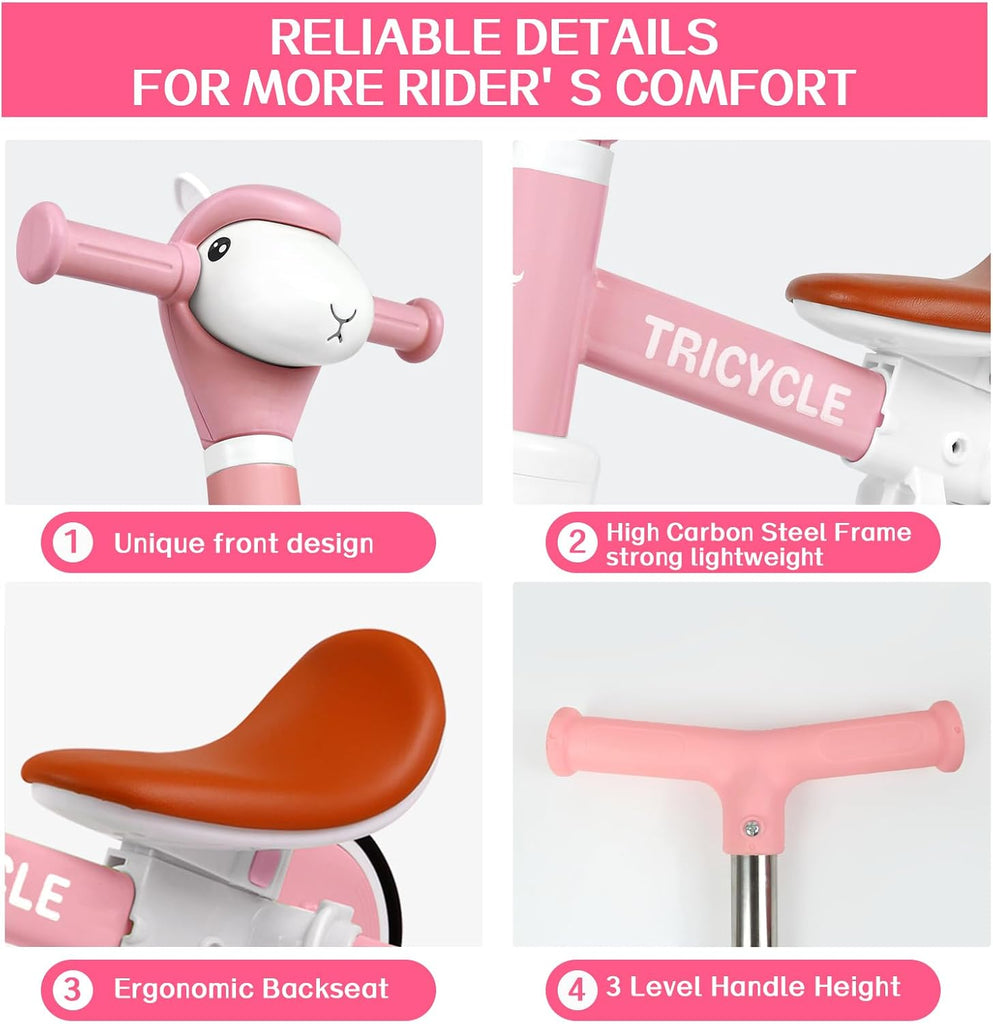 In-1 Kids Tricycle with Lights & Music, Adjustable Push Kids Bike for 1-5 Year Olds, Kids Balance Bike & Tricycle