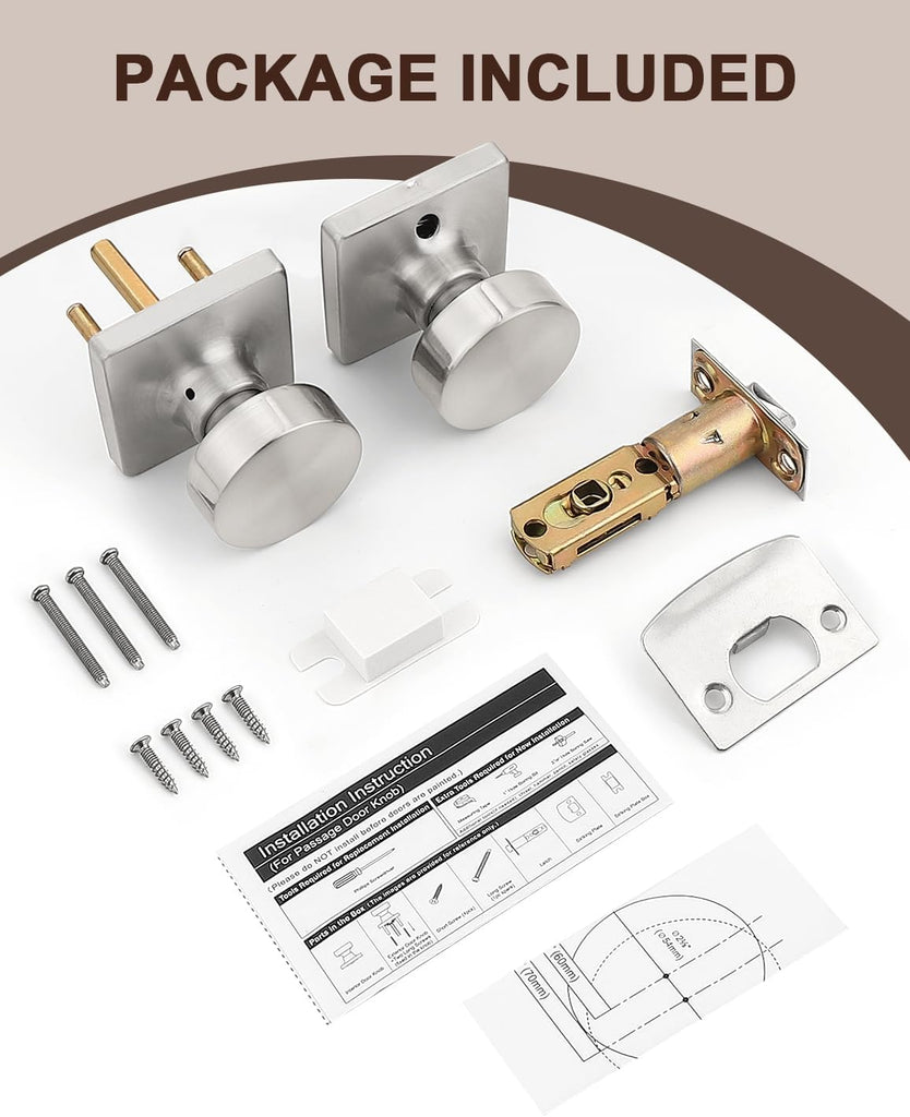 6 Pack Brushed Nickel Interior Passage Door Knob, Handle for Closet and Hallway Doors, Heavy Duty Square Non-Locking