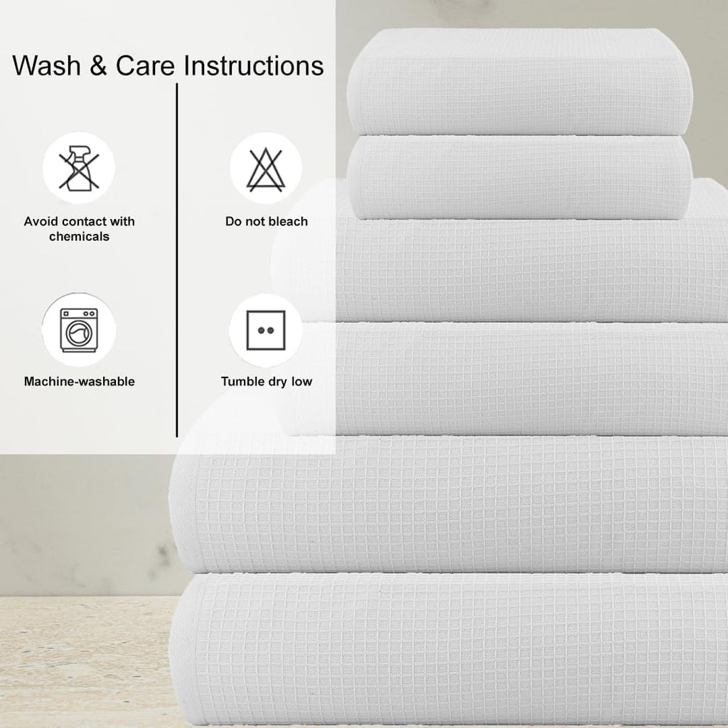 Waffle 6Pcs 100% Egyptian Cotton Large Designer Towels Gift Set- Pure White, 2Bath 2Hand 2Washcloths, Bath Towels