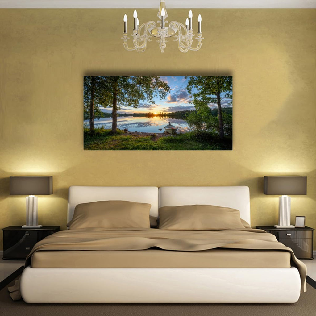 Tree Canvas Wall Art of a Sunrise Over a Forest Lake 20x40inches Nature Inspired Painting Perfect for Wall Decoration
