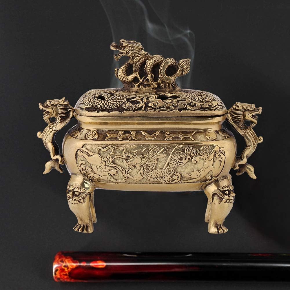 Antique Bronze Copper Chinese Dragon Incense Burner Holder Home Decoration Religious Meditation Decor Art Piece