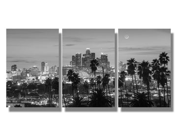 3 Piece California Skyline Black and White Wall, Los Angeles City Skyline Panorama at Dusk with Urban Skyscrapers