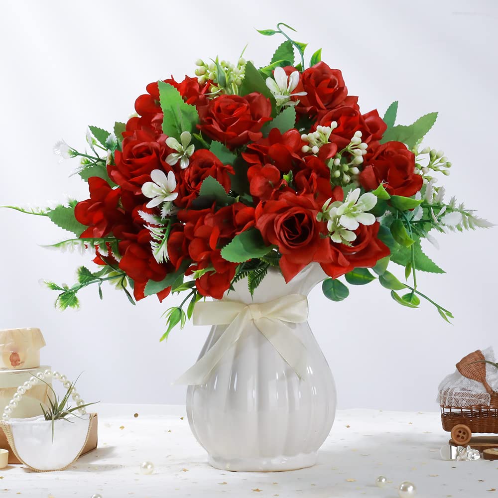 Artificial Rose Silk Hydrangea Flowers Bouquets with Vase Rustic Fake Flowers Decoration Table Centerpiece(Claret Red)
