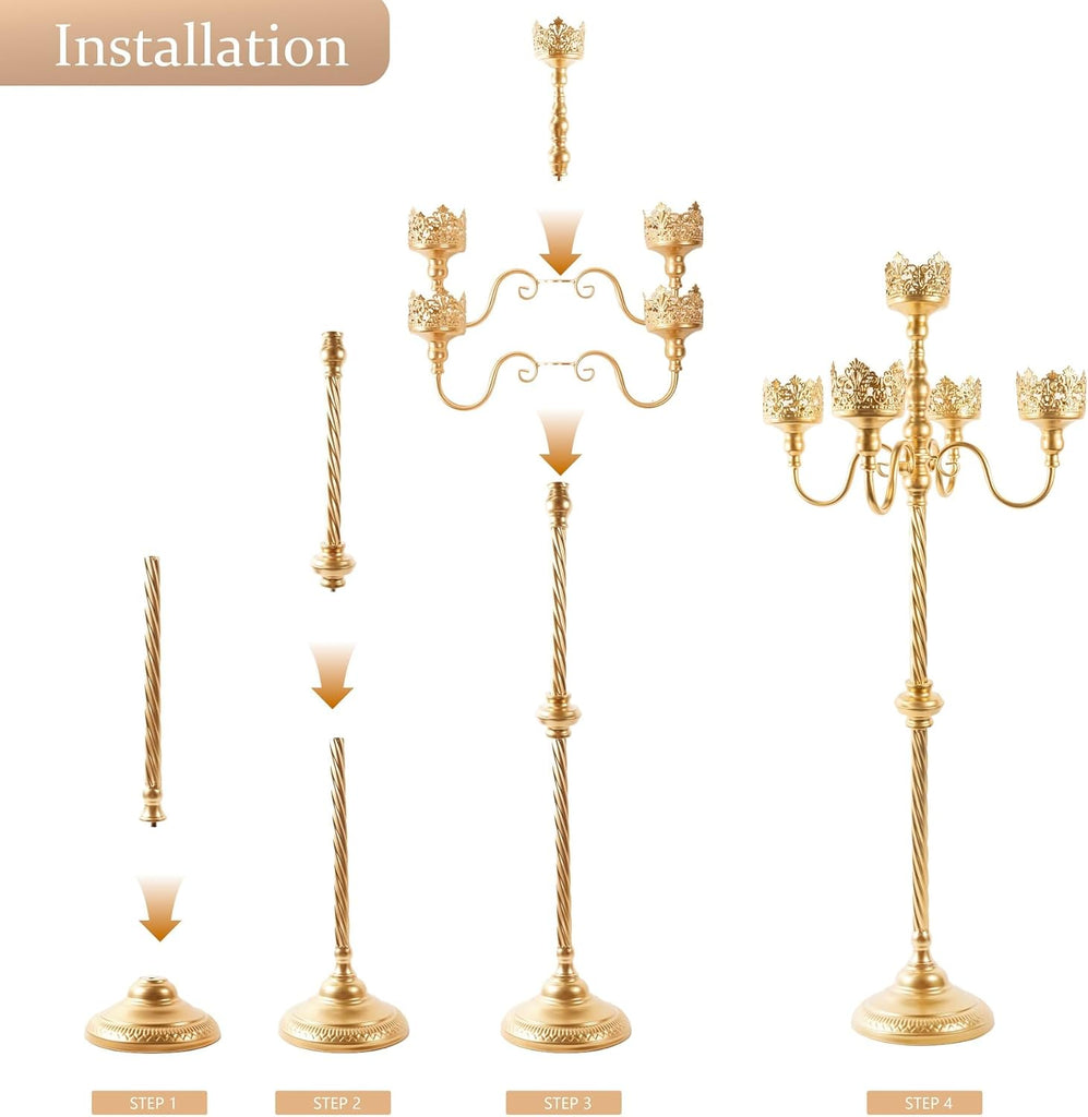 Tall Floor Candle Holders - 2Pcs Gold Candelabra, Metal 5 Arm Candlesticks Party Wedding Aisle Home Decor, 40" Tall