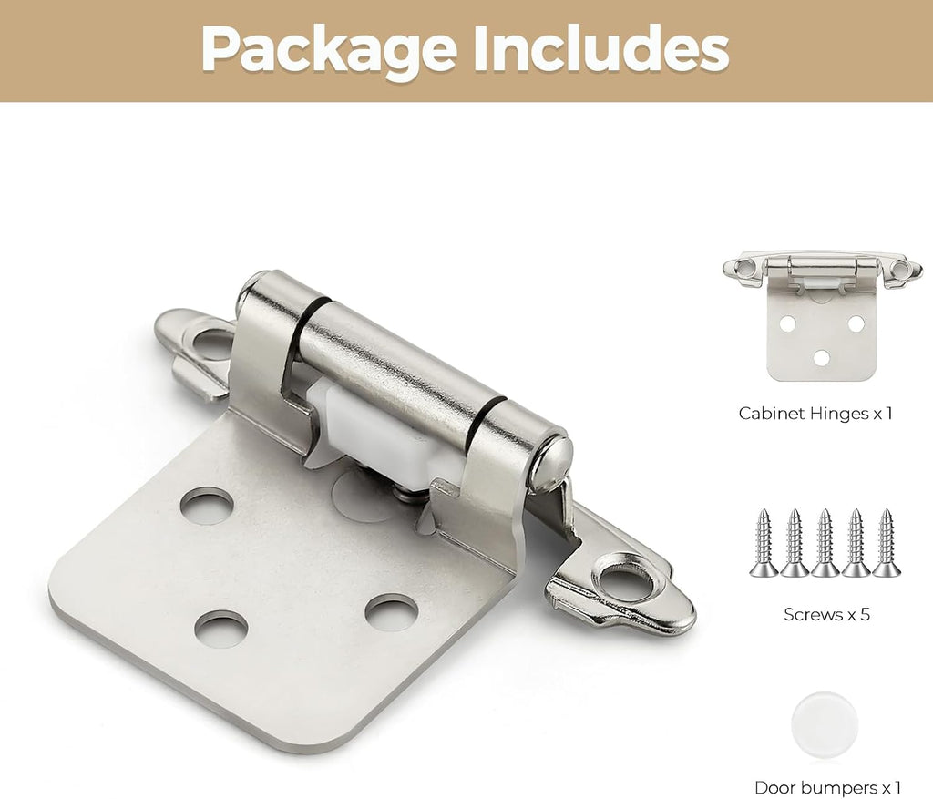 30 Pack 15 Pair Brushed Nickel Cabinet Hinges - 1/2 inch Overlay Kitchen Cabinet Hinges, Semi-Concealed Hinges, Self