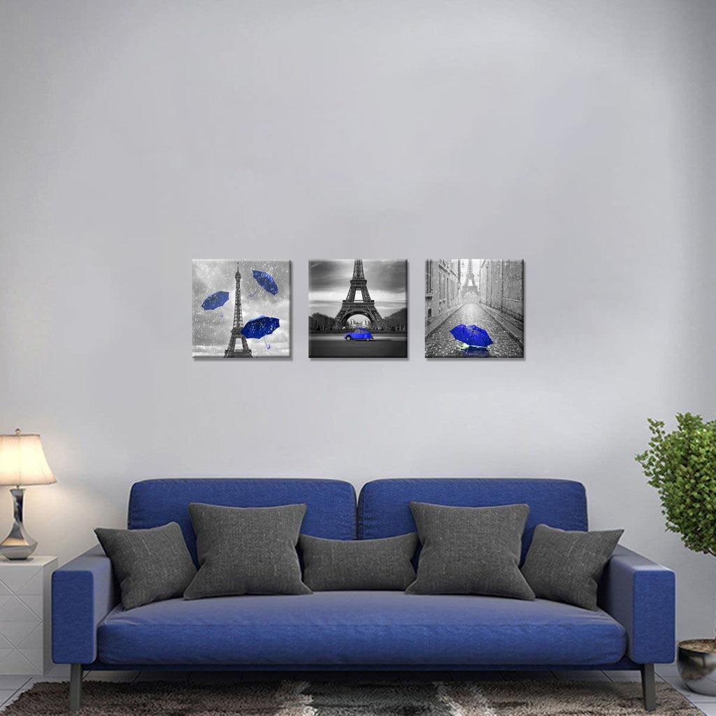 3 Pcs Black and White Canvas Wall Dark Blue Paris Theme Bedroom Bathroom Girls Room Decor Blue Umbrella Print