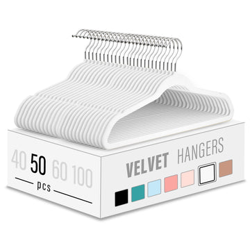 50 Pack White Velvet Clothes Hangers, Non Slip, Space Saving