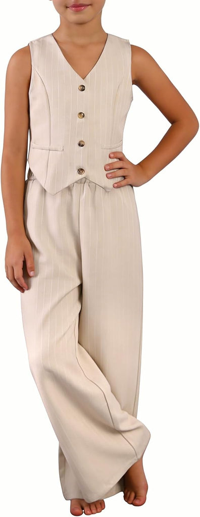 Two Piece Outfits, Kids Vest And Wide Leg Pants Set, Back to School Outfits for Girls
