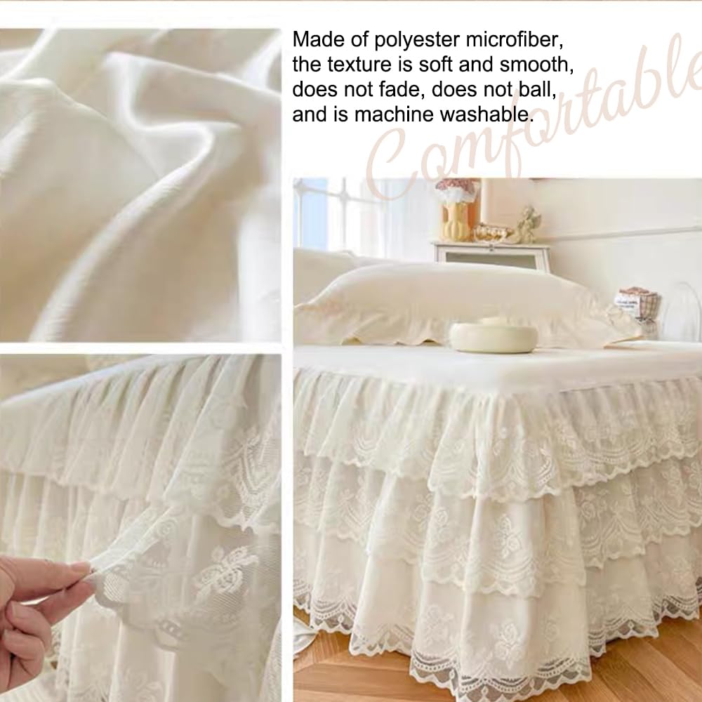 Three Layers Lace Bed Sheet Skirt for Bed - 17in. Drop, Ruffle Bed Skirt Wrap Around Bed Skirt, Anti Wrinkle