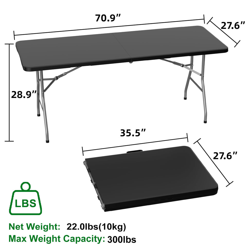 6Ft Folding Table for Indoor Outdoor, Fold-in-Half Portable Plastic Dining Table with Carrying Handle for Picnic