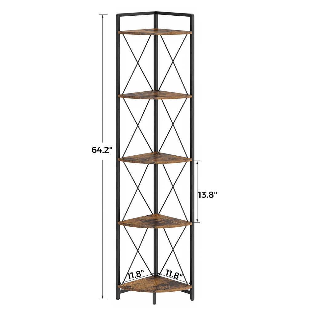 5 Tier Corner Shelf Stand, 64" H Tall Corner Bookshelf, Rustic Brown