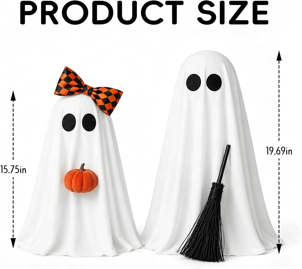 Halloween Decorations Indoor, 2 Pack Lighted Ghost Decor with Broom Pumpkin - Set of 2