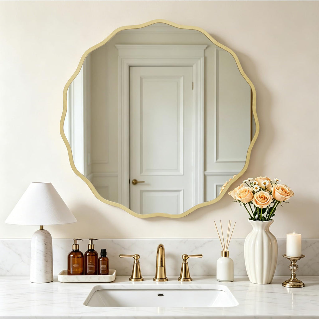 28" Wavy Round Wall Mirror, Gold Scalloped Circle Mirror Edge Round with Metal Frame, Modern Decorative