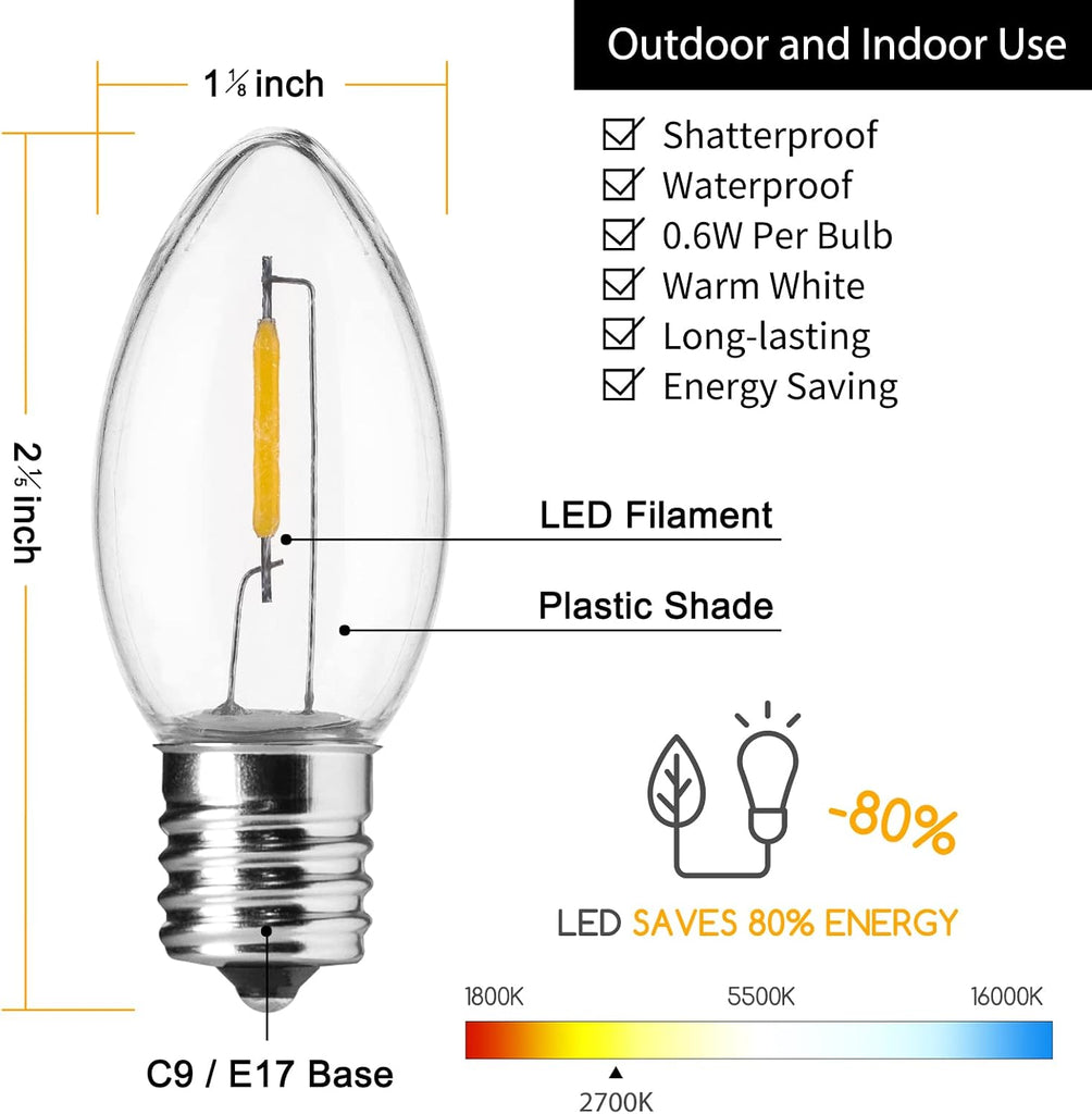 25 Pack C9 LED Christmas Light Bulbs, Warm White