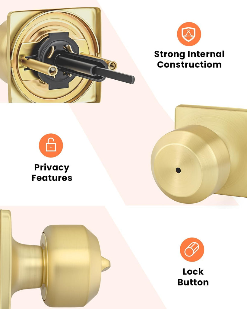 6 Pack Gold Door Knobs, Interior Door knobs, Privacy Door Knob or Bathroom, Brushed Gold Door Knob