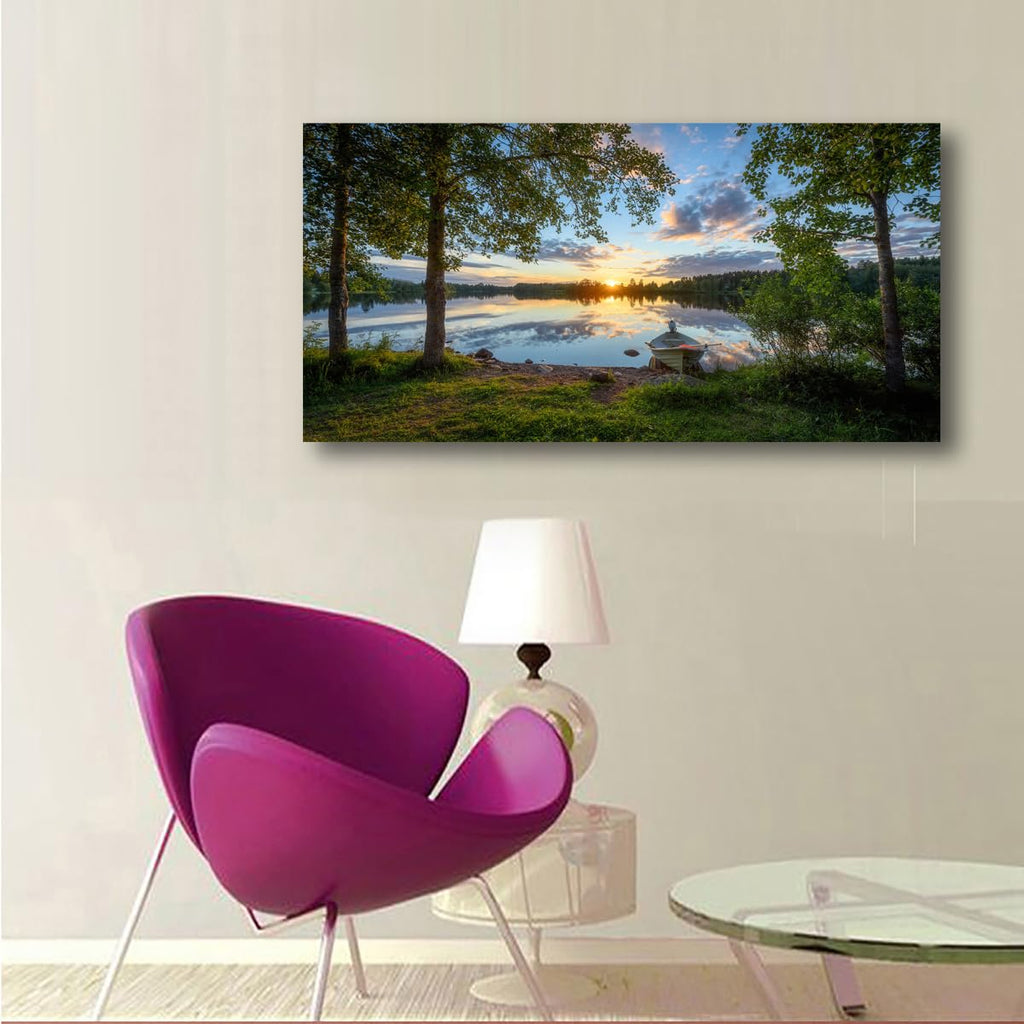 Tree Canvas Wall Art of a Sunrise Over a Forest Lake 20x40inches Nature Inspired Painting Perfect for Wall Decoration