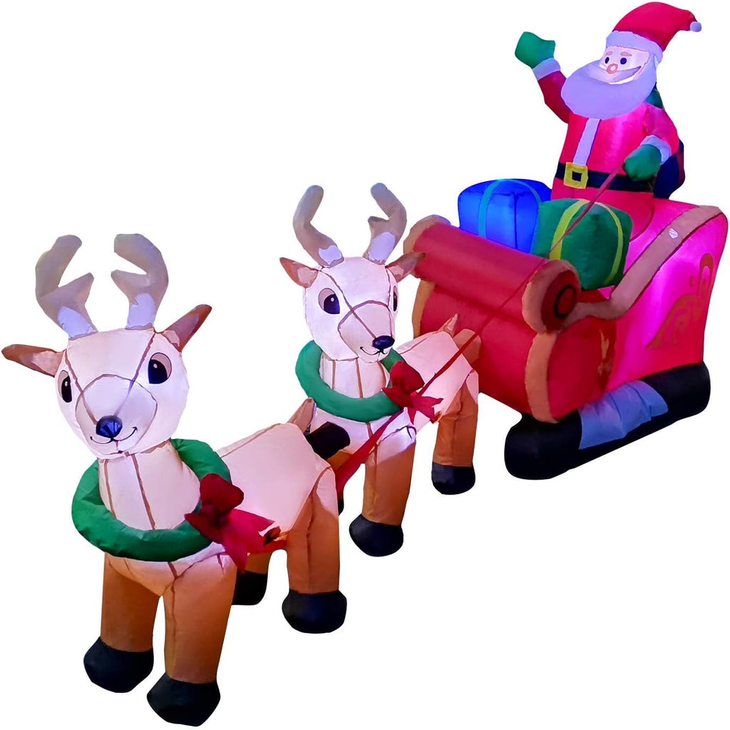 8 Ft LED Inflatable Christmas Reindeer Pull The Sleigh Take Santa Claus Xmas Decoration for Yard Lawn Garden Home