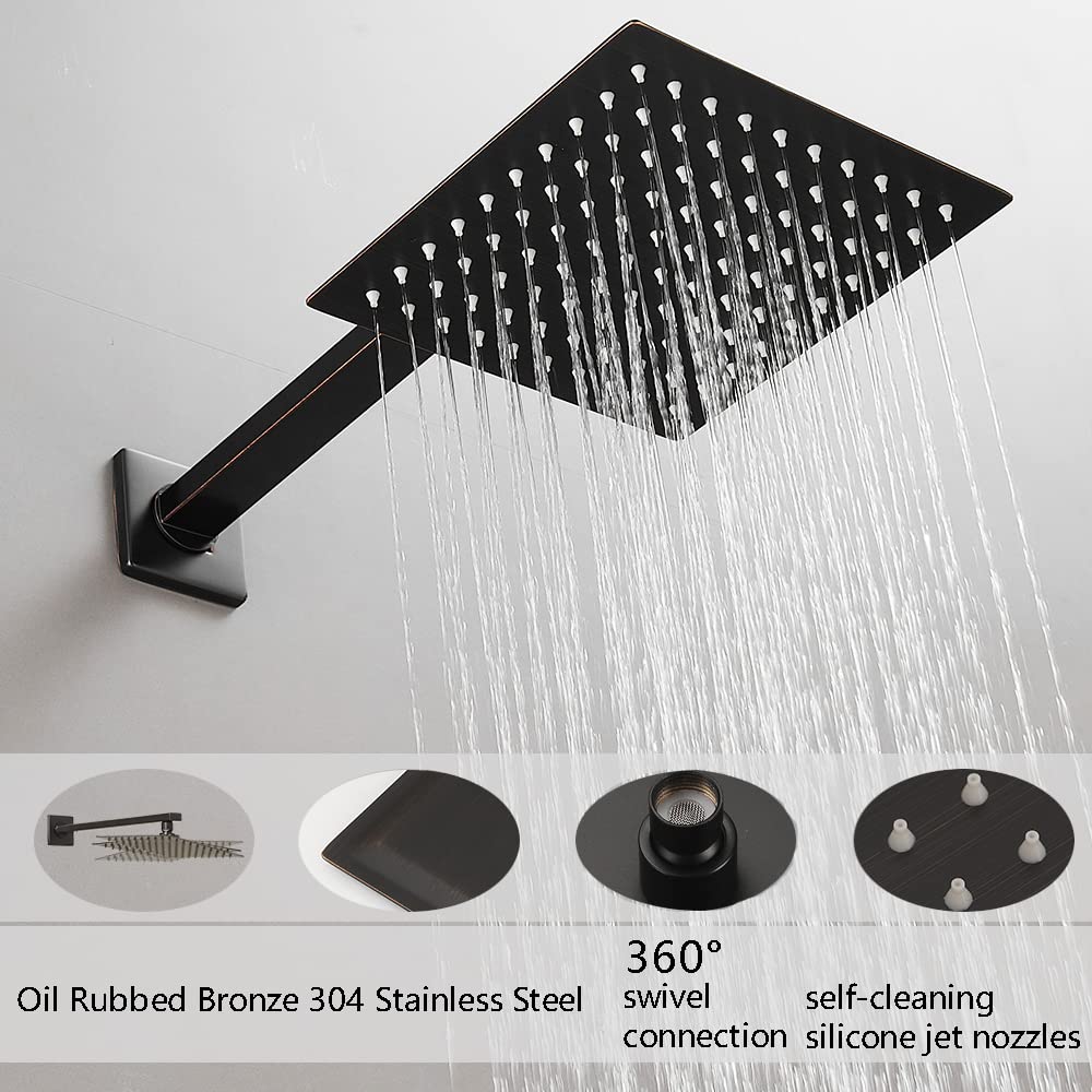 Oil Rubbed Bronze Shower Faucet Set, Single Function Shower Trim Kit with Rough-in Valve, Square Rain Shower Head