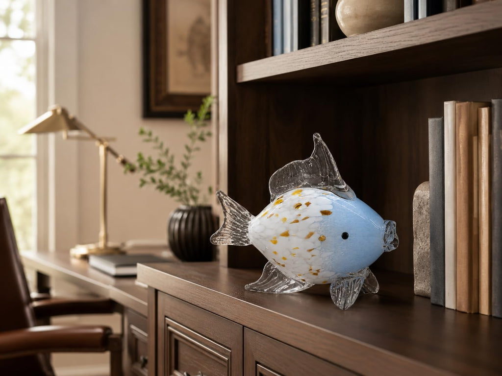 Hand Blown Glass Fish Figurine, Blue White Coastal Shelf Decor