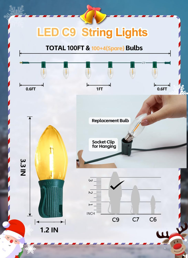 C9 LED Christmas String Lights Outdoor, 100FT 100+4 LED 2700K Warm White Waterproof C9 String Lights, Plug-in