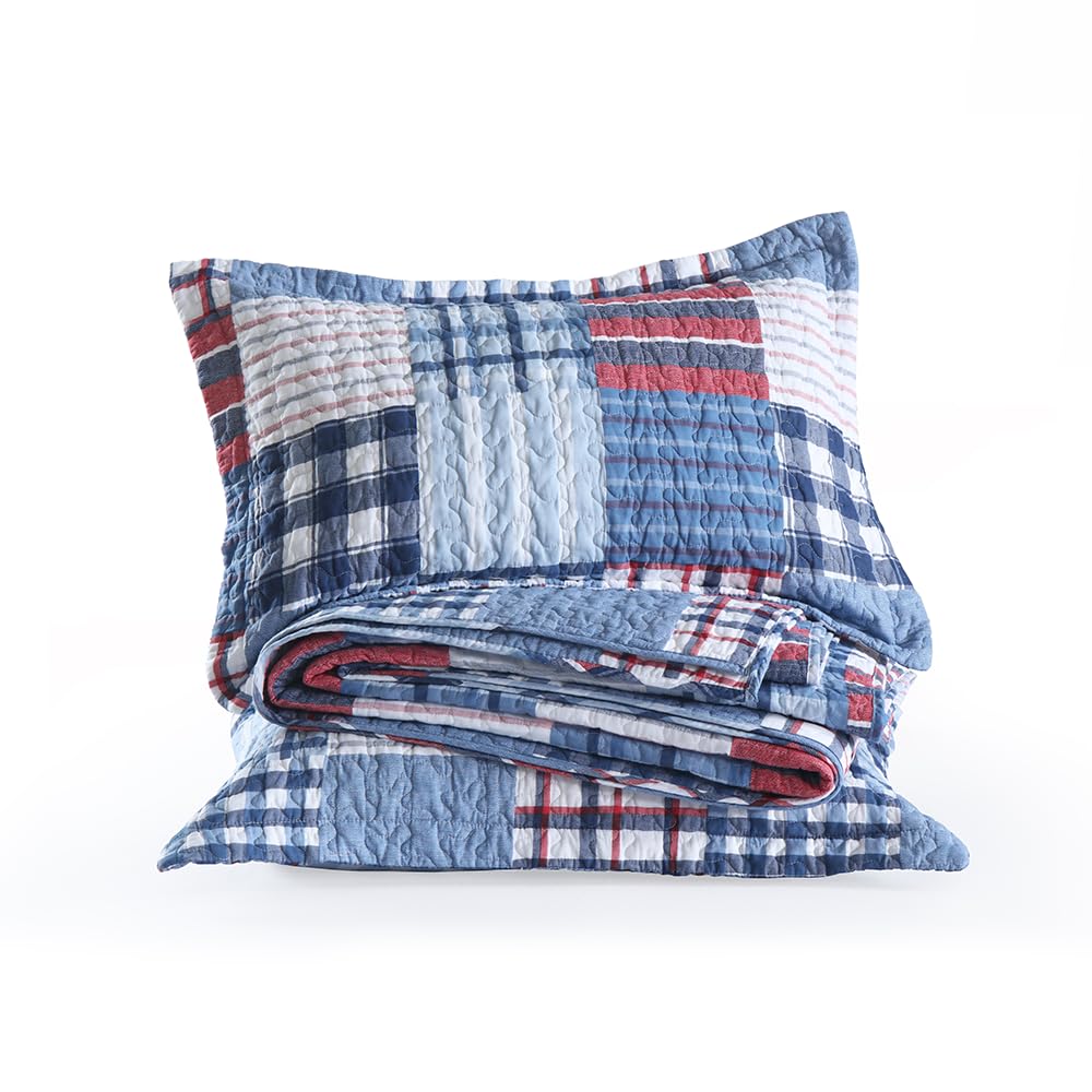 Cotton Bedding Quilt Sets, Soft Reversible Coverlet Sets All Season Blue Bedspread, Plaid Patchwork