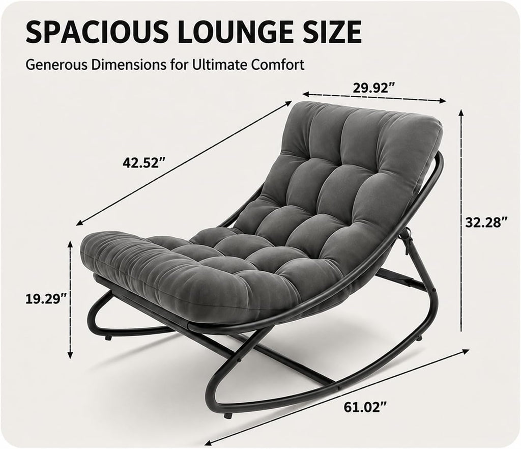 Outdoor Papasan Rocking Chair with Thick Cushion, 450 lb Capacity | Curved lounge profile, neutral gray finish and