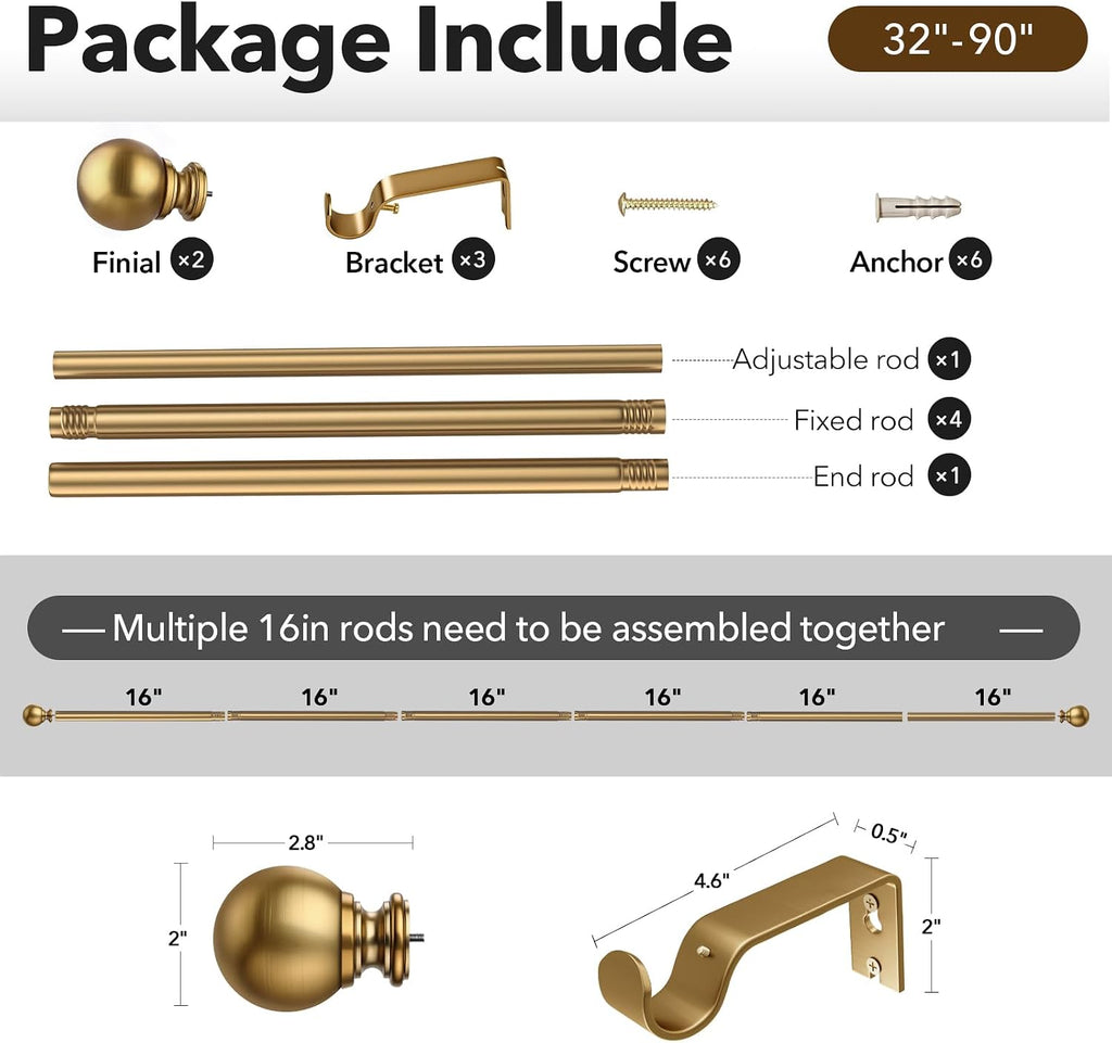 Brush Gold Curtain Rods for Windows, 1 Inch Brass Heavy Duty Curtain Rods Adjustable and Easy