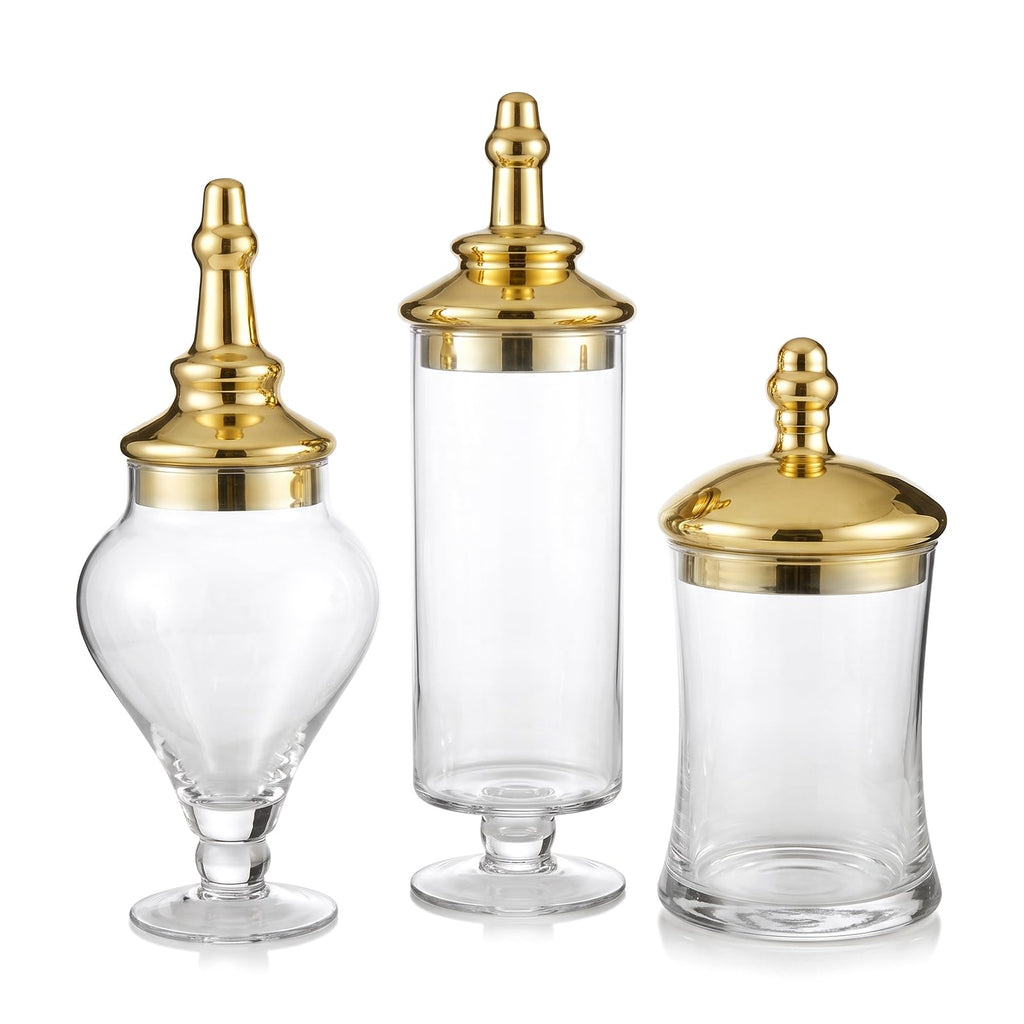 3 Piece Clear Glass Apothecary Jars with Metallic Brass Tone Lids