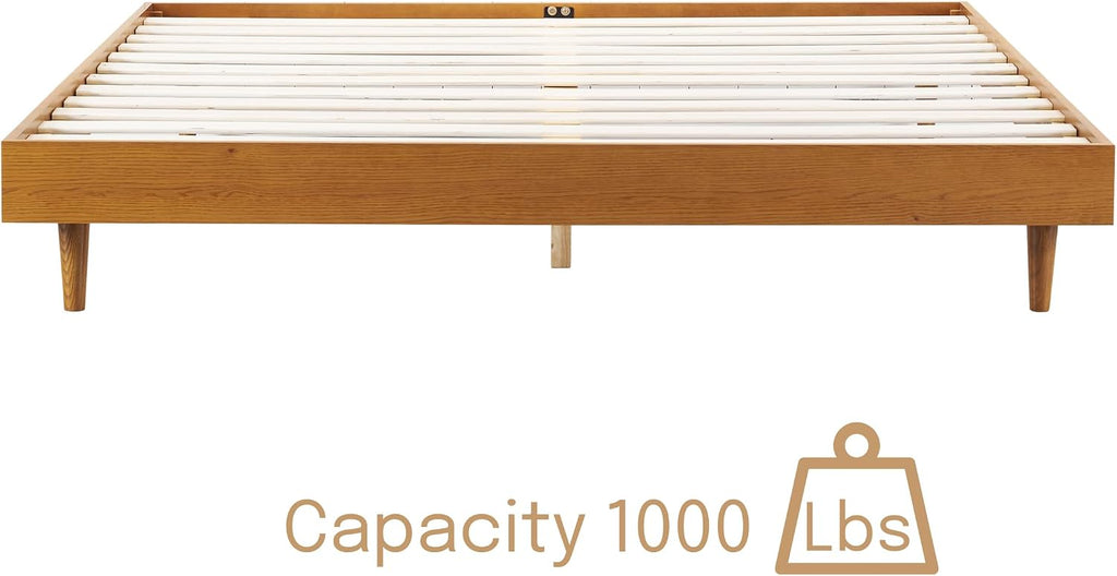 Fly Wooden Bed Frame Without Headboard, Solid Oak and Rubber Wood Foundation with Silent Slats and Wood Central
