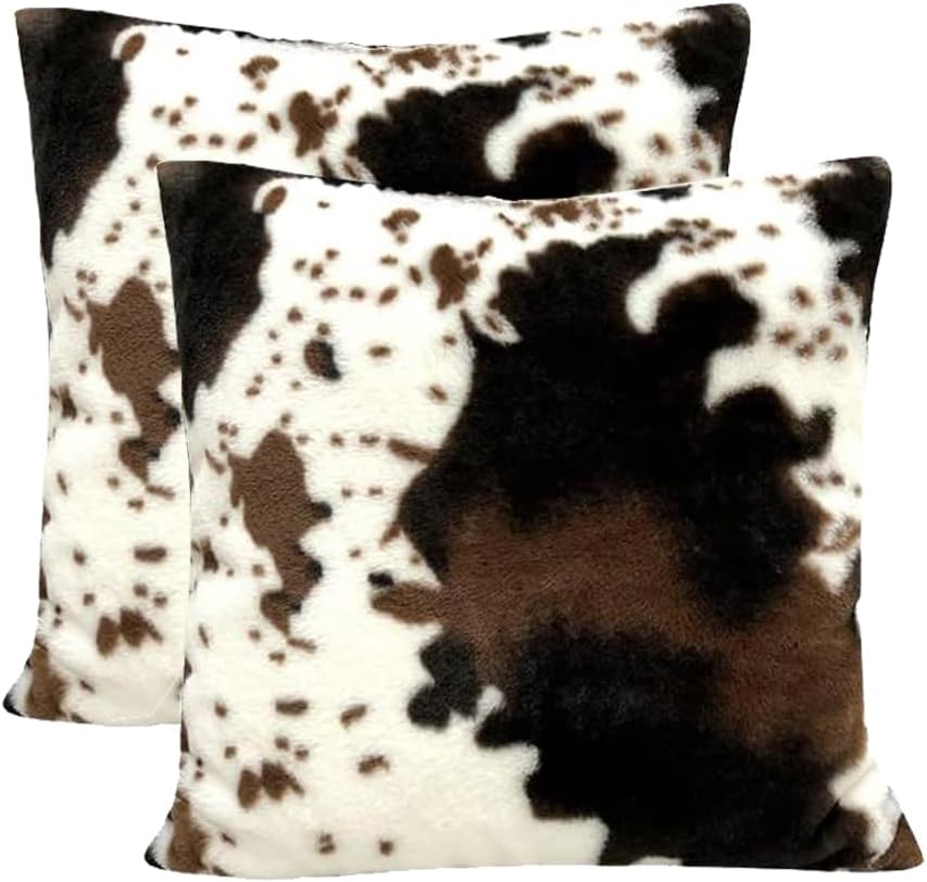 Cowhide Animal Black White and Brown Faux Fur Throw Pillow Covers 18x18 Set of 2 for Chair Bedroom Living Room Sofa