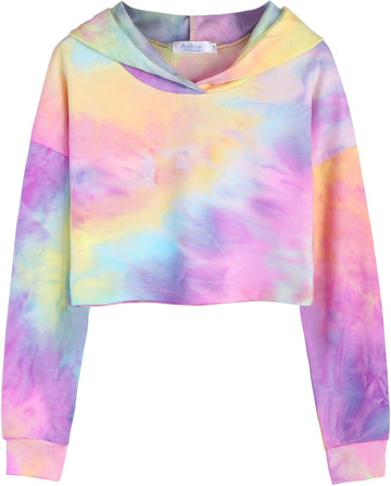 Girls Cropped Hoodie Kids Long Sleeve Crop Tops Tie-dye Hoodies Hooded Pullover Sweatshirts