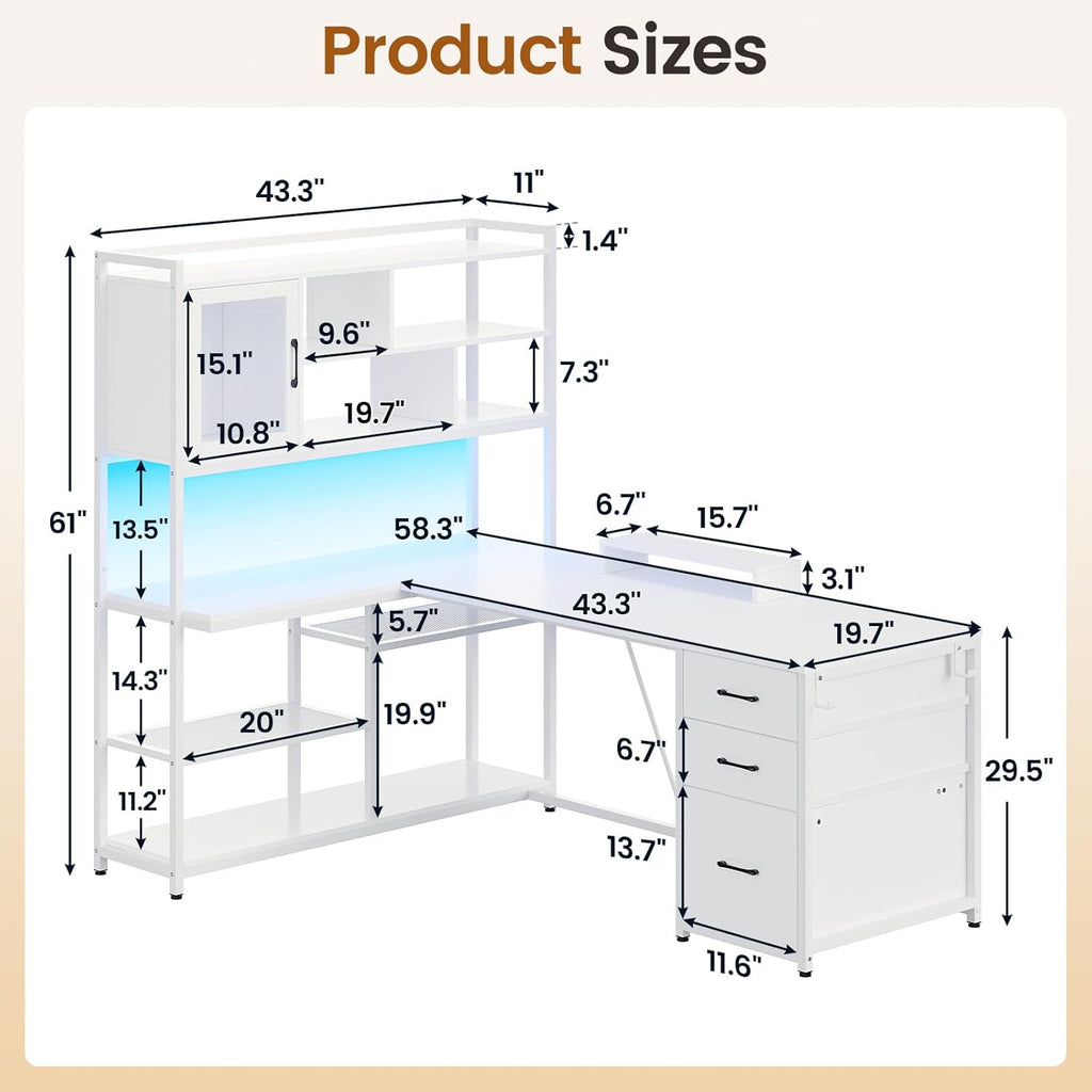 L Shaped Computer Desk, 58'' Office Desk with 3 Drawers and Bookshelf