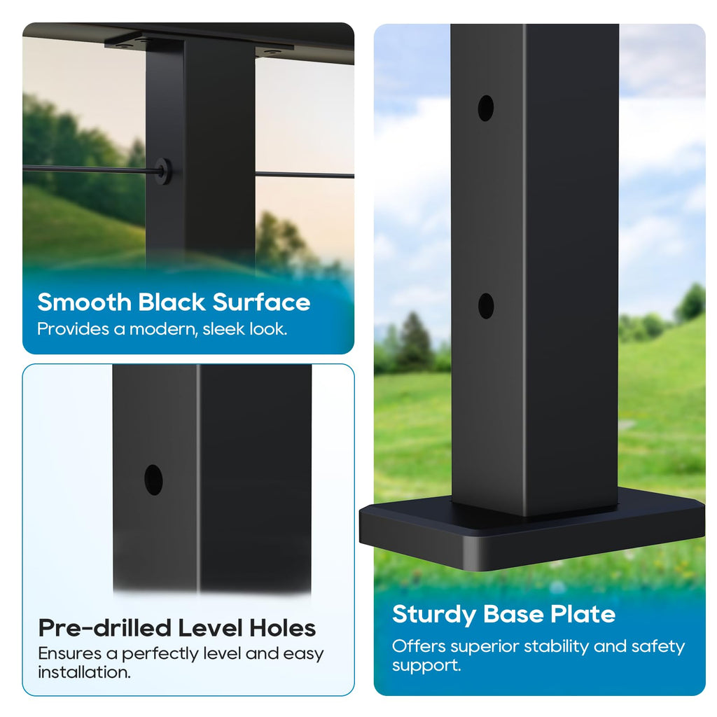 Level Drilled Cable Railing Post 36" (35"X2"x2"), Stainless Steel Black Square Deck Railing Post Flat Bracket