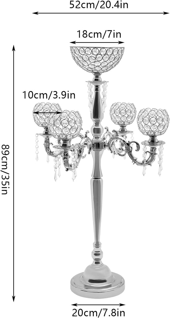 Elegant 35inch 5-Arm Crystal Candelabra with Flower Vase and Hanging Crystal Drops, Iron Taper Candle Holder Stand