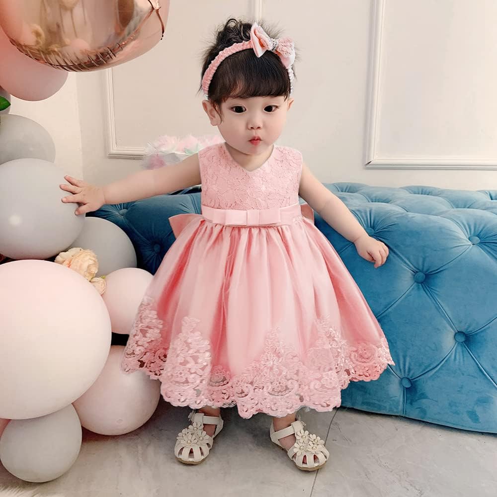 Baby Girl Party Dress Toddler Lace Embroidery Pageant Dresses with Headwear