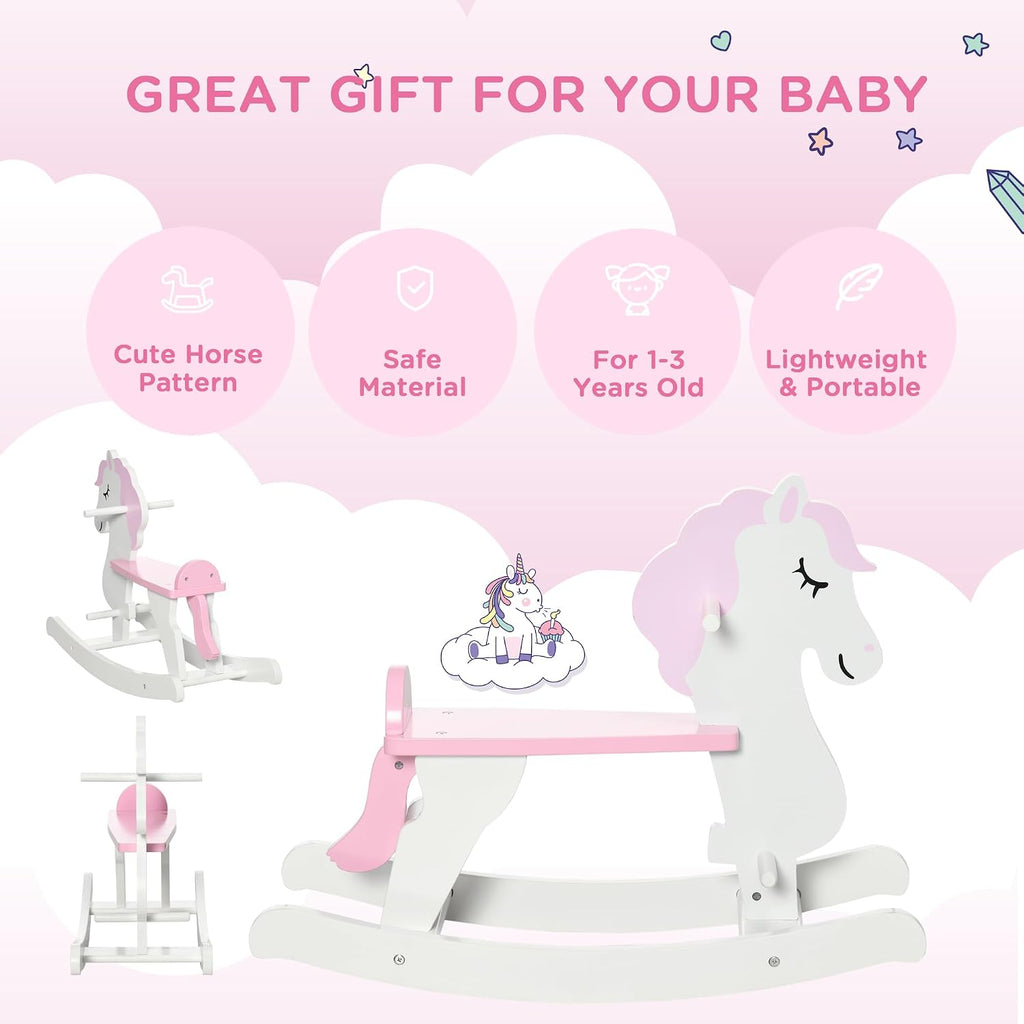 Wooden Rocking Horse for Toddlers 1-3 Kids Ride on Horse Pink & White