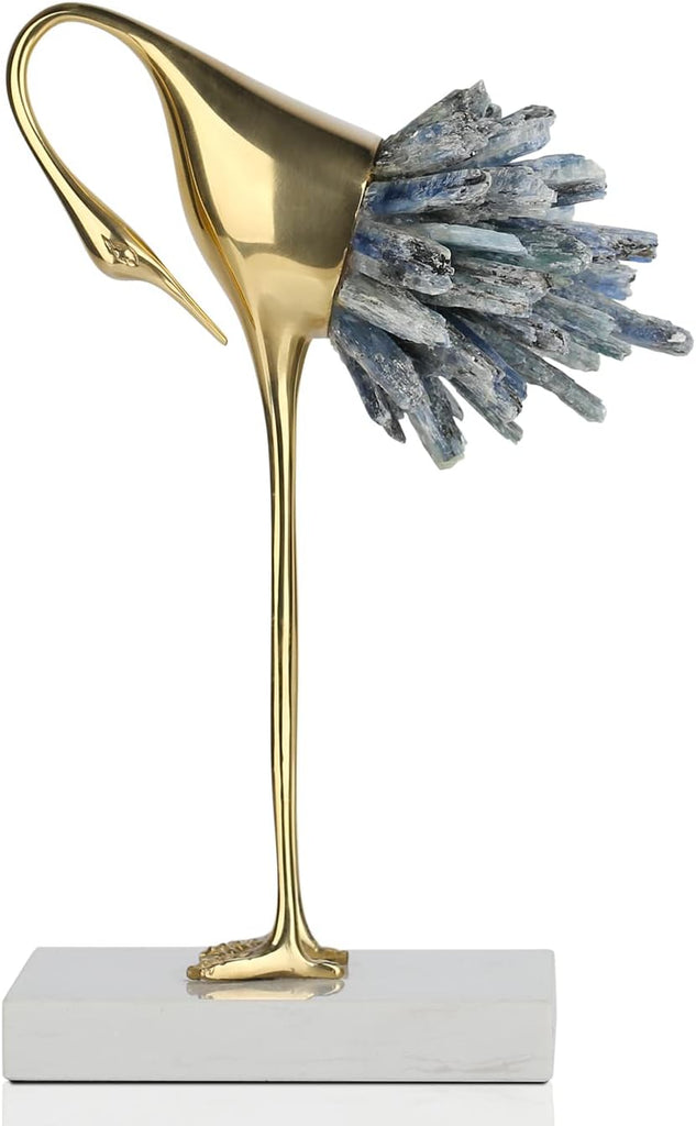 Gold Crane Statue with Blue Crystal Tail, 8.7-Inch | Brass Bird Sculpture on Marble Base, Modern Tabletop Decor and